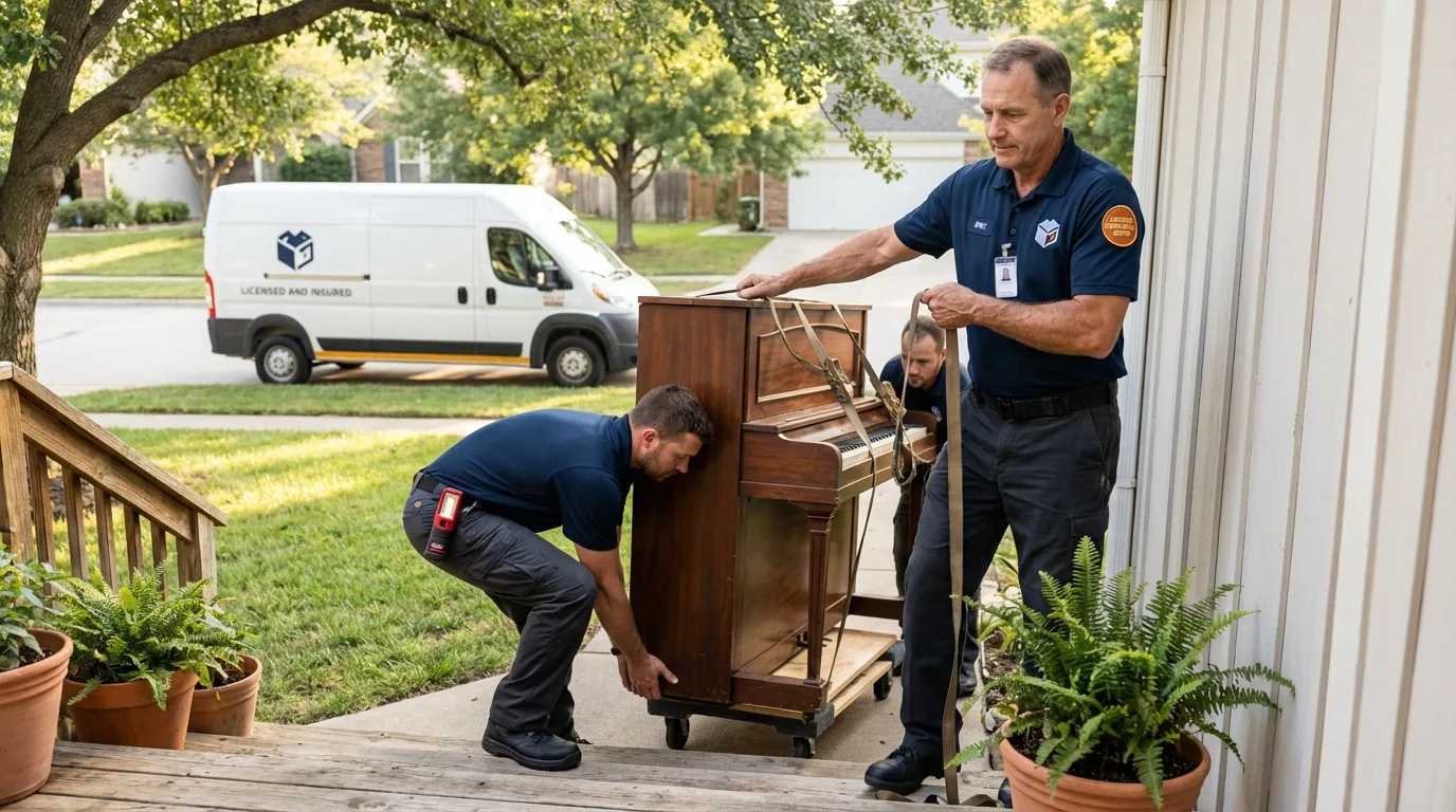 Licensed piano movers securing grand piano in Malone, NY